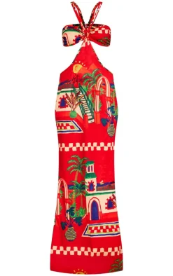 Tall Red Tropical Print Cut Out Detail Maxi Dress
