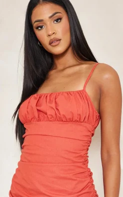 Tall Rust Strappy Linen Look Bodycon Dress