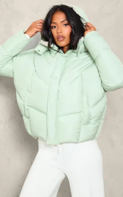 Tall Sage Green Oversized Curved Panel Wadded Puffer Jacket
