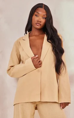Tall Sand Linen Look Oversized Blazer