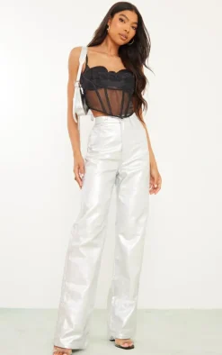 Tall Silver Metallic High Waist Straight Leg Jeans