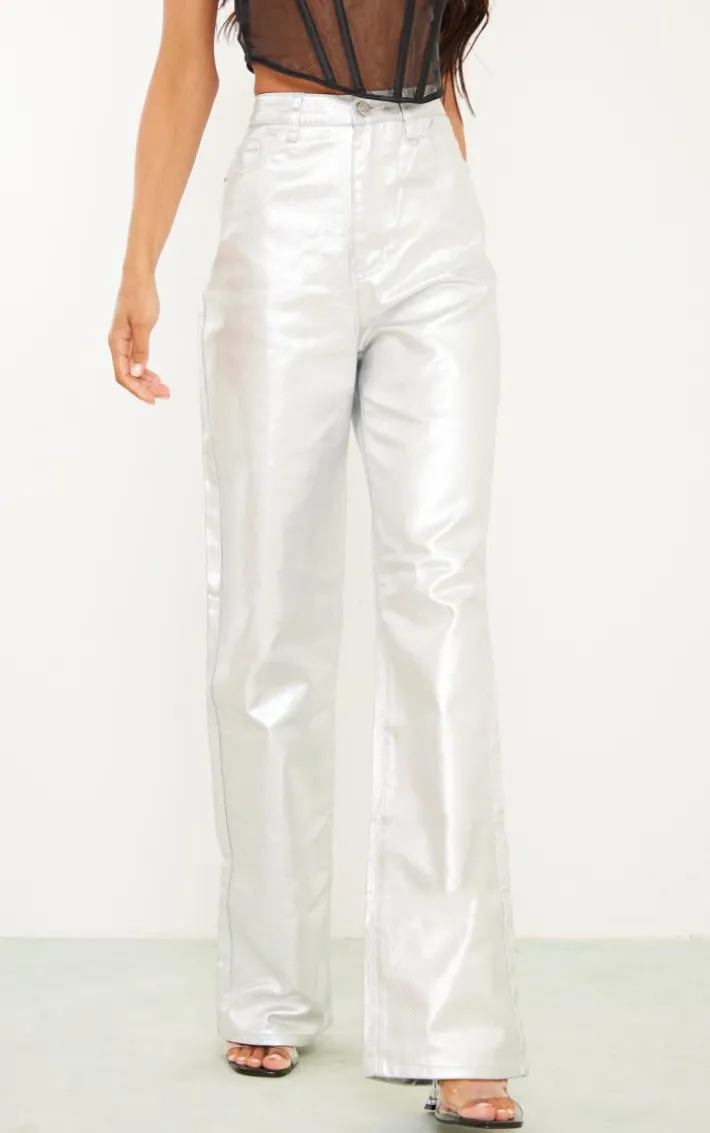 Tall Silver Metallic High Waist Straight Leg Jeans