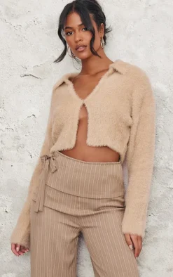 Tall Stone Brushed Knit Collared Cropped Sweater