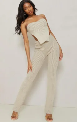 Tall Stone Contrast Knitted High Waisted Flared Pants