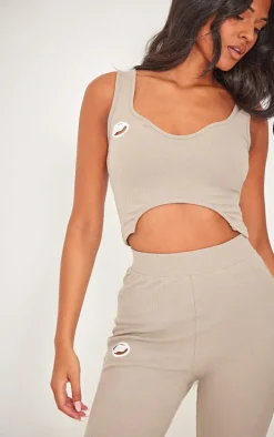Tall Stone Ribbed Logo Cut Out Detail Crop Top
