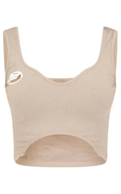 Tall Stone Ribbed Logo Cut Out Detail Crop Top