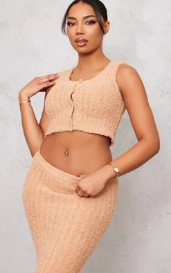 Tall Tan Fluffy Knit Button Detail Vest