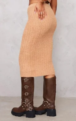 Tall Tan Fluffy Knitted Midi Skirt