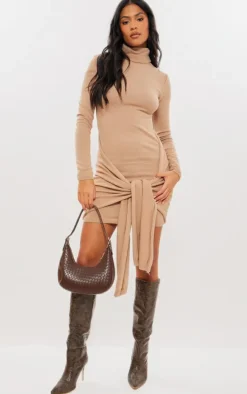 Tall Tan Knit Long Sleeve Tie Side Mini Dress