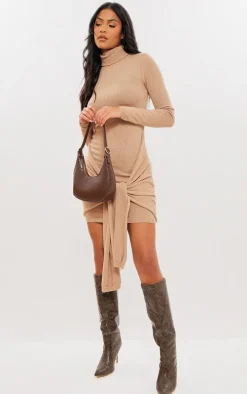 Tall Tan Knit Long Sleeve Tie Side Mini Dress