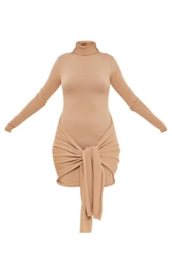 Tall Tan Knit Long Sleeve Tie Side Mini Dress