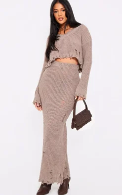 Tall Taupe Distressed Knitted Midaxi Skirt