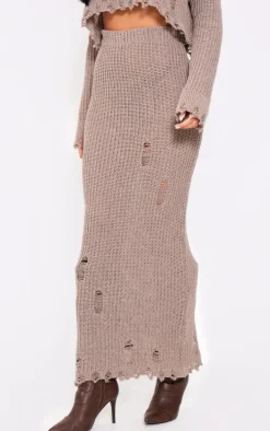 Tall Taupe Distressed Knitted Midaxi Skirt