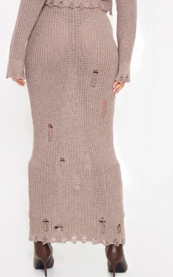 Tall Taupe Distressed Knitted Midaxi Skirt