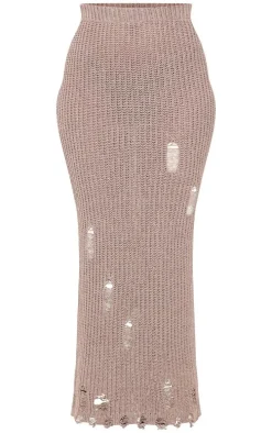 Tall Taupe Distressed Knitted Midaxi Skirt