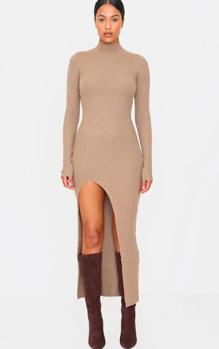 Tall Taupe Knitted Ribbed Side Split Maxi Dress