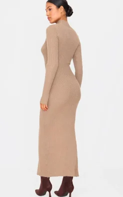 Tall Taupe Knitted Ribbed Side Split Maxi Dress