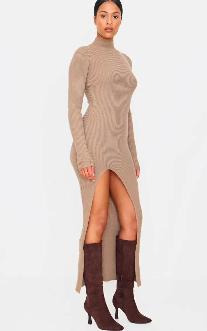 Tall Taupe Knitted Ribbed Side Split Maxi Dress