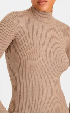 Tall Taupe Knitted Ribbed Side Split Maxi Dress