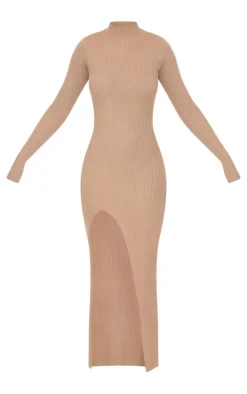 Tall Taupe Knitted Ribbed Side Split Maxi Dress
