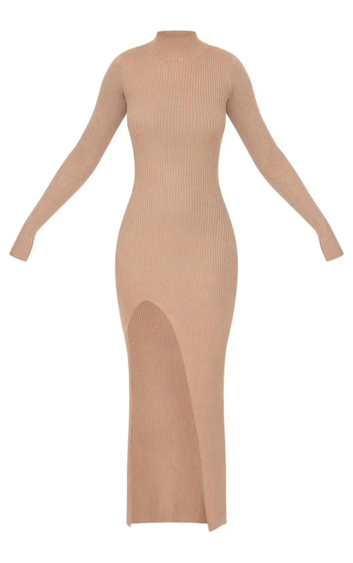 Tall Taupe Knitted Ribbed Side Split Maxi Dress