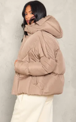 Tall Taupe Oversized Curved Panel Wadded Puffer Jacket
