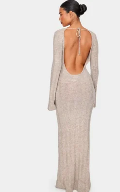 Tall Taupe Rib Knit Open Back Maxi Dress