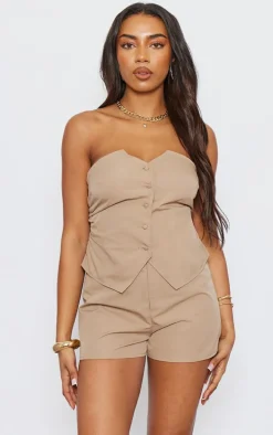 Tall Taupe Tailored Button Up Bandeau Romper