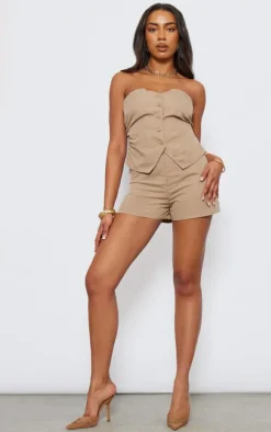 Tall Taupe Tailored Button Up Bandeau Romper
