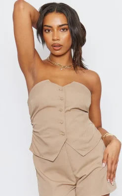 Tall Taupe Tailored Button Up Bandeau Romper