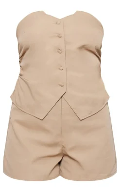 Tall Taupe Tailored Button Up Bandeau Romper