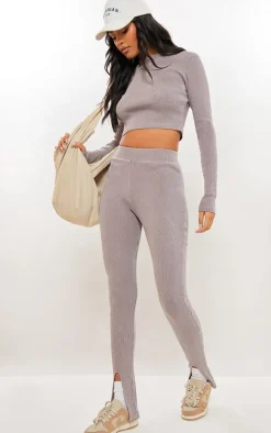 Tall Taupe Washed Ribbed Split Hem Pants