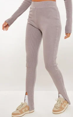 Tall Taupe Washed Ribbed Split Hem Pants