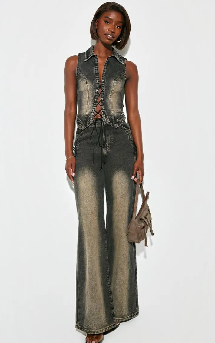 Tall Vintage Black Wash Front Lace Seam Detail Denim Vest