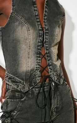 Tall Vintage Black Wash Front Lace Seam Detail Denim Vest