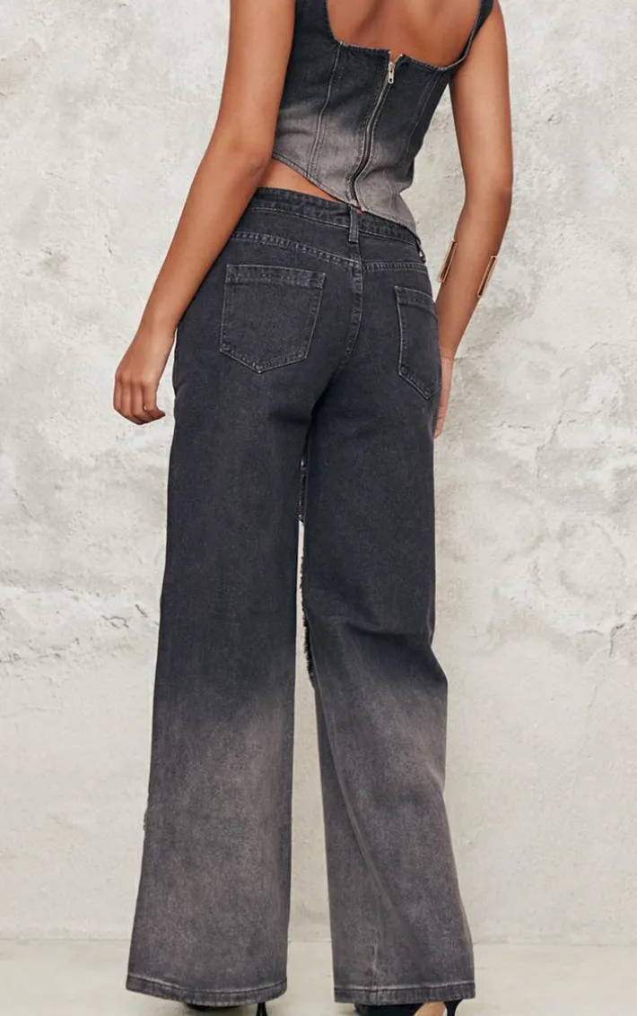 Tall Vintage Black Wash Low Rise Raw Seam Detail Wide Leg Jeans