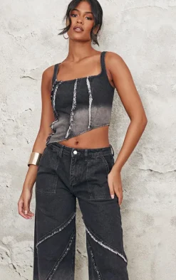 Tall Vintage Black Wash Low Rise Raw Seam Detail Wide Leg Jeans