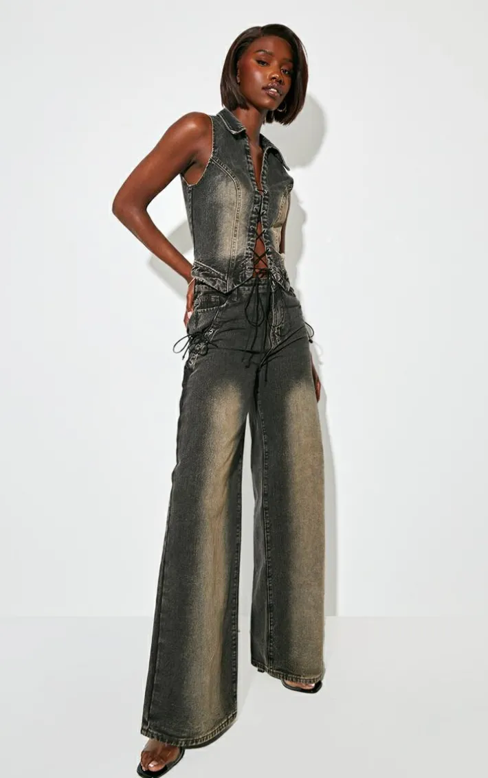 Tall Vintage Black Wash Lace Up Pocket Mid Rise Straight Leg Jeans