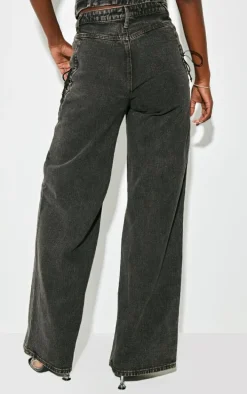 Tall Vintage Black Wash Lace Up Pocket Mid Rise Straight Leg Jeans