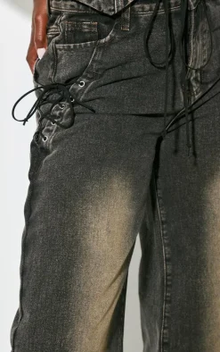 Tall Vintage Black Wash Lace Up Pocket Mid Rise Straight Leg Jeans