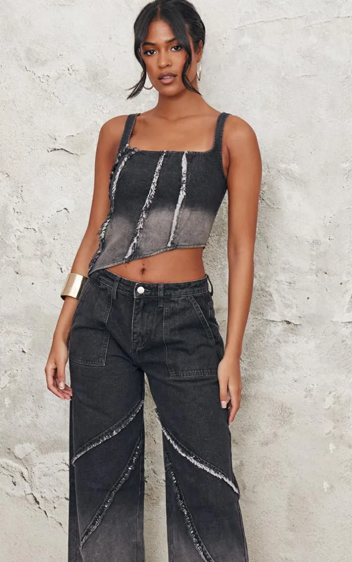 Tall Vintage Black Wash Raw Seam Detail Asymmetric Denim Corset