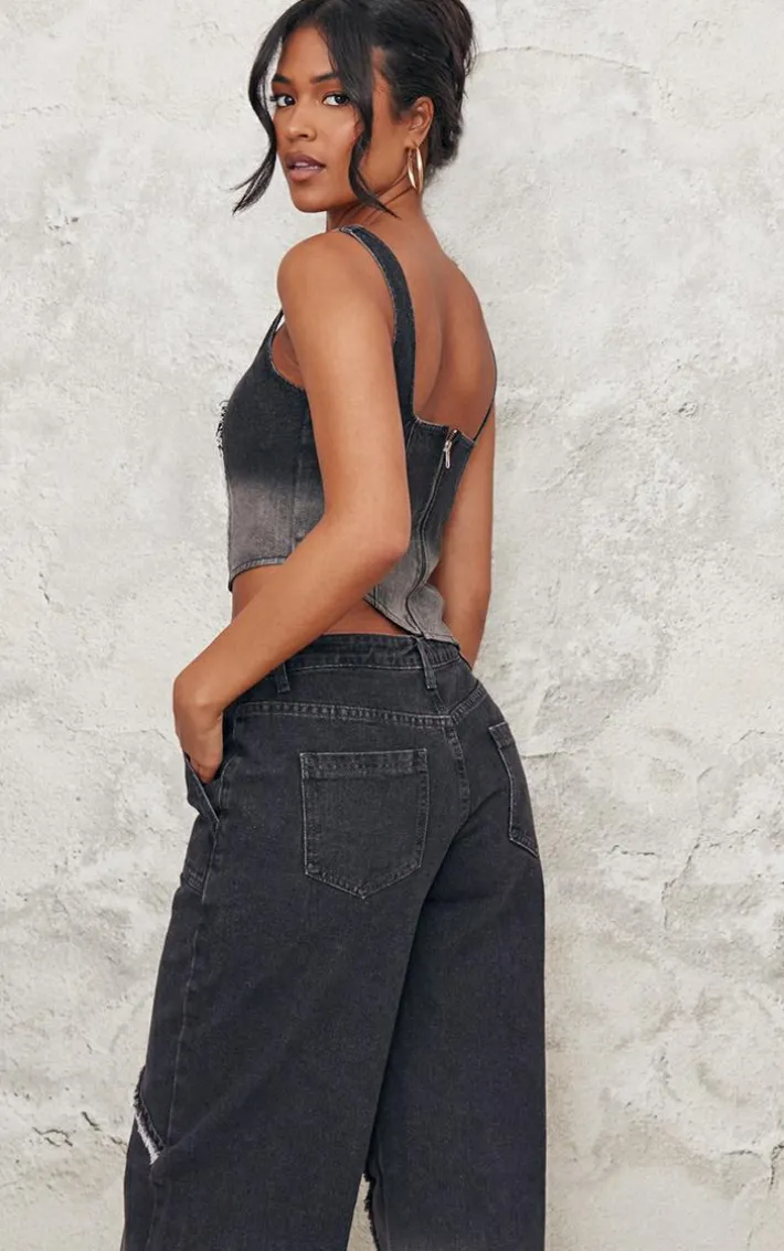 Tall Vintage Black Wash Raw Seam Detail Asymmetric Denim Corset