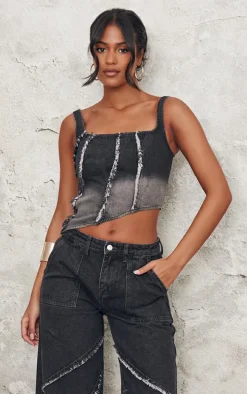 Tall Vintage Black Wash Raw Seam Detail Asymmetric Denim Corset