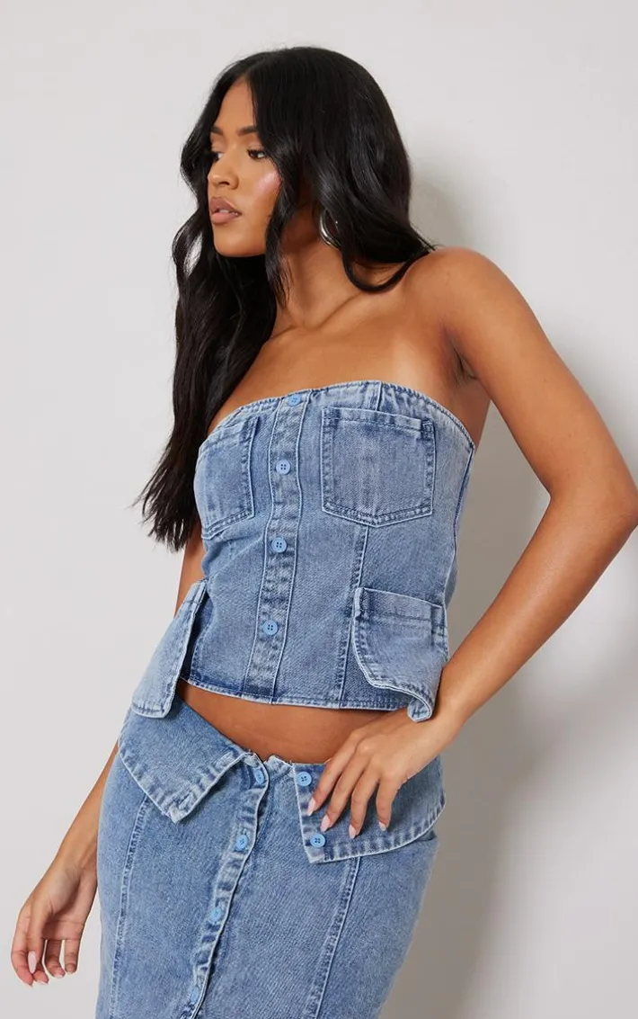 Tall Vintage Light Wash Denim Four Pocket Detail Bandeau Top