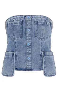 Tall Vintage Light Wash Denim Four Pocket Detail Bandeau Top