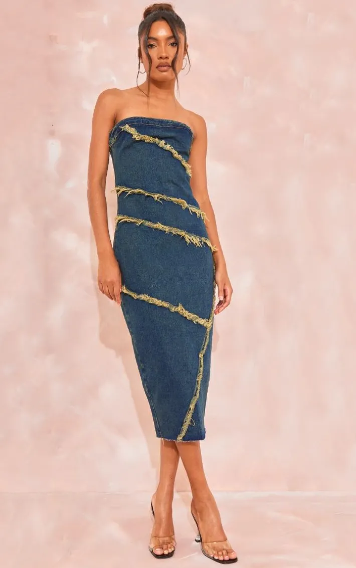 Tall Vintage Mid Wash Bandeau Denim Midi Dress