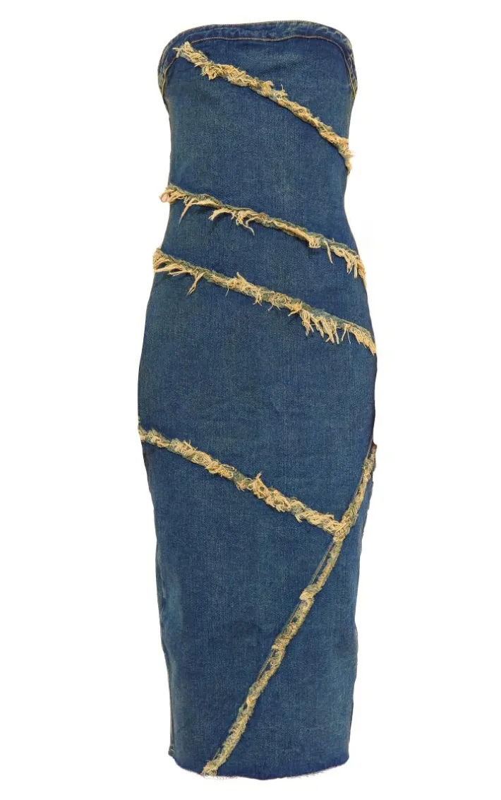 Tall Vintage Mid Wash Bandeau Denim Midi Dress