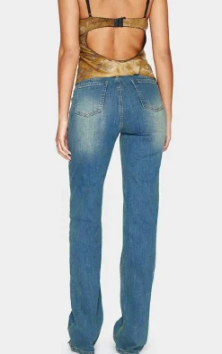 Tall Vintage Mid Wash Frayed Hem High Waist Relaxed Fit Jeans