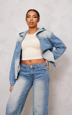 Tall Vintage Mid Wash Oversized Zip Up Hooded Denim Jacket