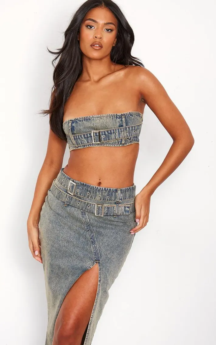 Tall Vintage Wash Denim Buckle Detail Bandeau Top
